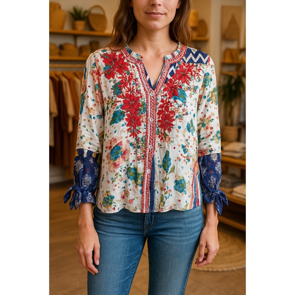 John Mark Floral Embroidered Boho Blouse Multicolor Rayon Peasant Top S